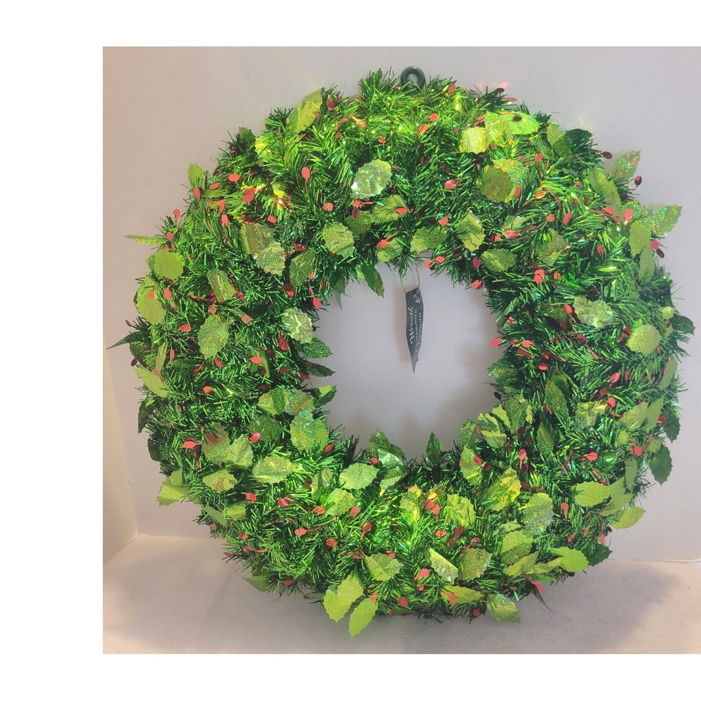 F.C. Young Christmas Holly Wreath 20" Green Tinsel Holographic Red Berries 2007